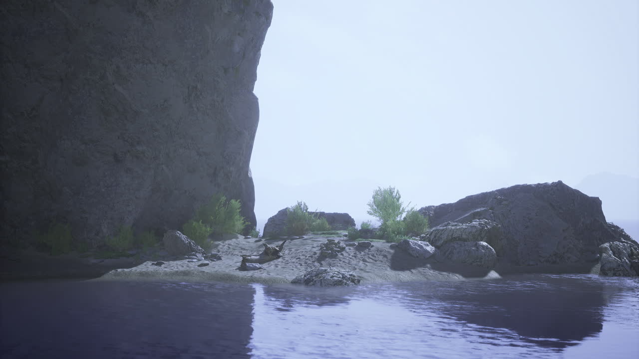 Serene coastal landscape with rocky cliff and calm waters at sunset