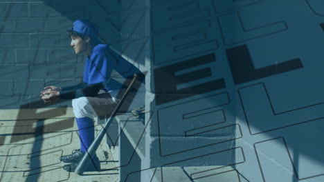 animation of level up texts over caucasian male baseball player holding ball