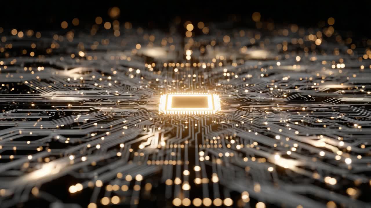 Illuminated Microchip at the Center of a Vast Circuit Board Network, Showcasing Intricate Connections and Bright Sparks of Light in a High-Tech Environment