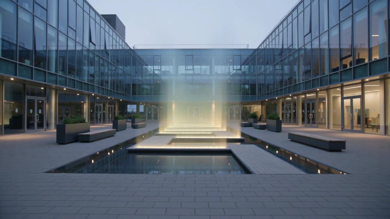 Avvio del programma che aziona una scultura luminosa che impila piani illuminati sopra una piscina nella piazza, proiettando un bagliore arancione.
