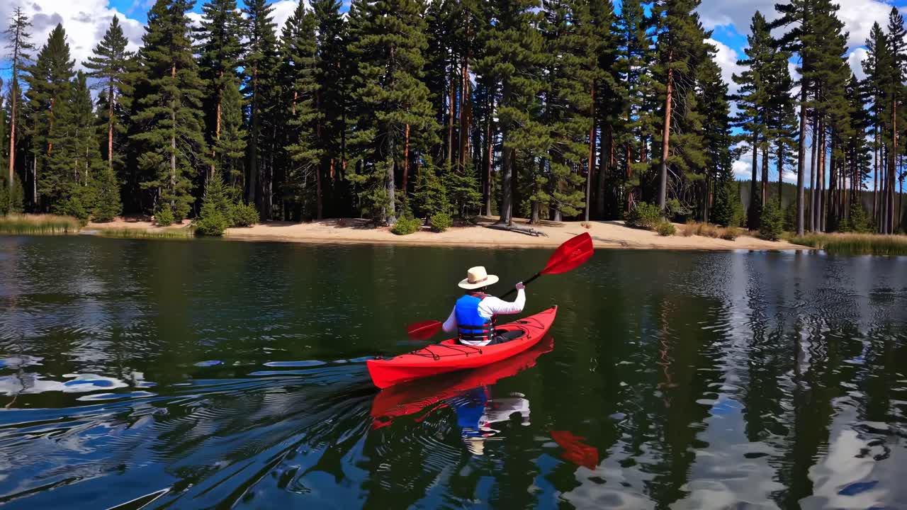 Video aéreo captura a un kayakista en un kayak rojo en un lago sereno, rodeado de altos pinos