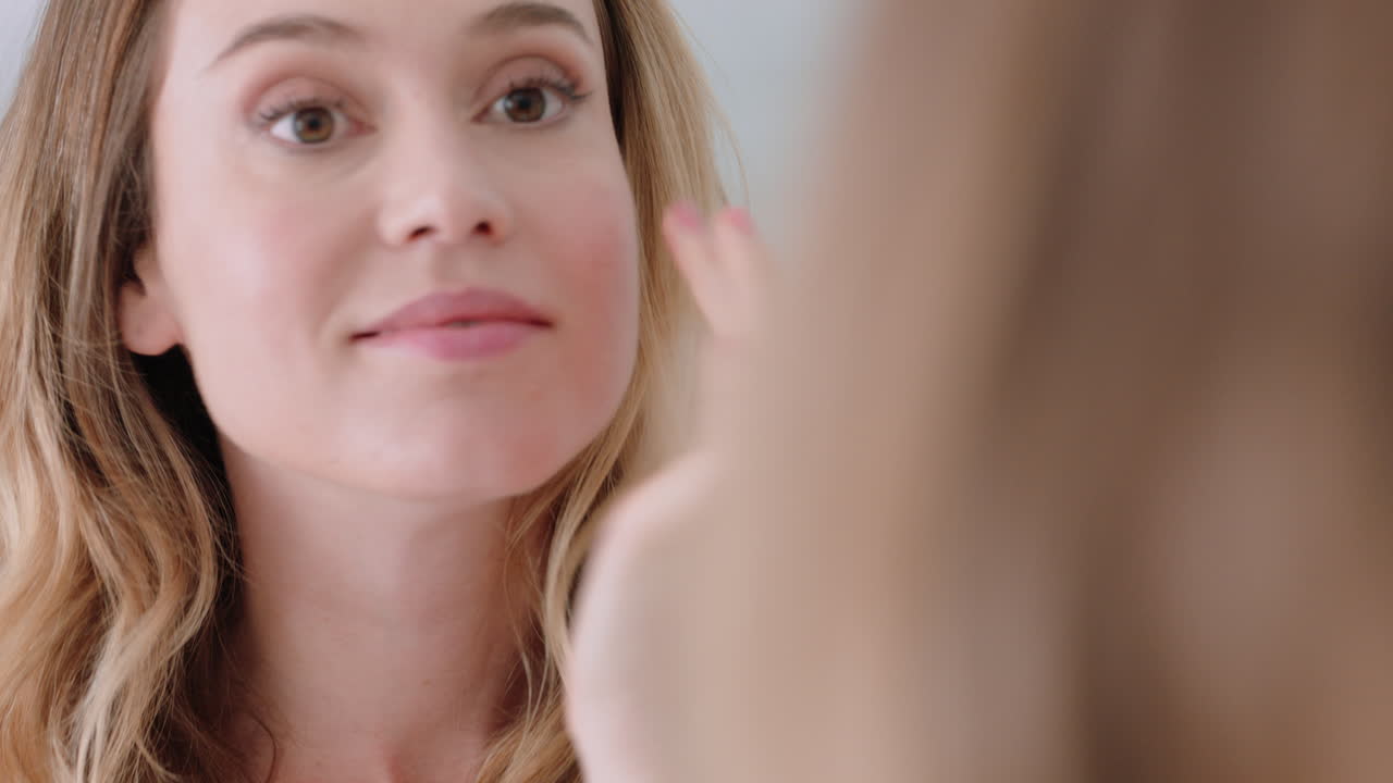 portrait beautiful caucasian woman looking in mirror at perfect skin enjoying natural complexion winking confidently getting ready at home