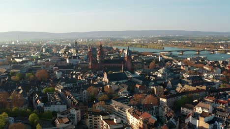 down town aerial drone shot of mainz with the cathedral church in the middle of the old town in germany