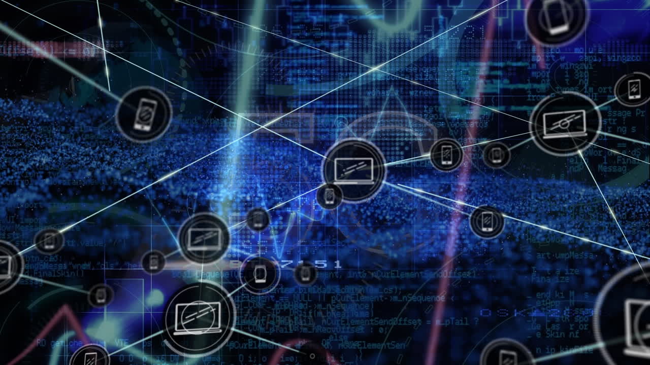 animación del procesamiento de datos e iconos sobre fondo negro