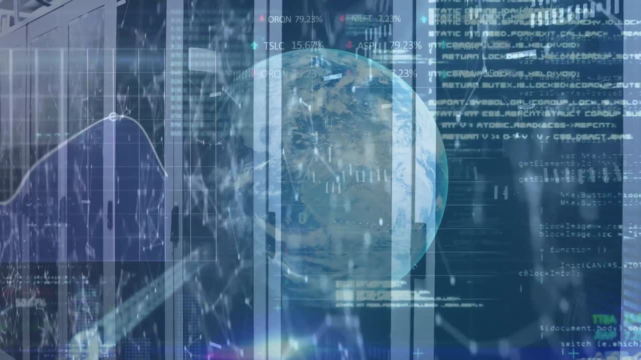 Animation of data processing with globe over server room