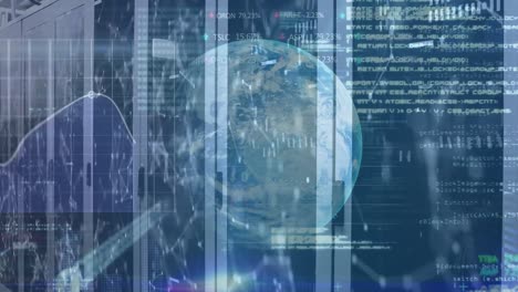 animation of data processing with globe over server room