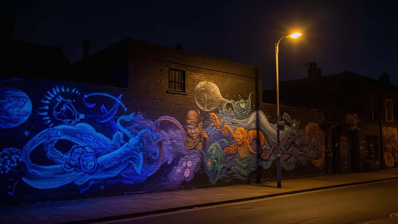 Vivid Nighttime Mural Illuminated by Streetlights: An Artistic Exploration of Cosmic Themes and Imagination Through Vibrant Colors and Intricate Designs