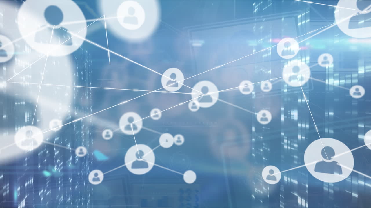Animation of network of profile icons over screens with mosaic squares against blue background