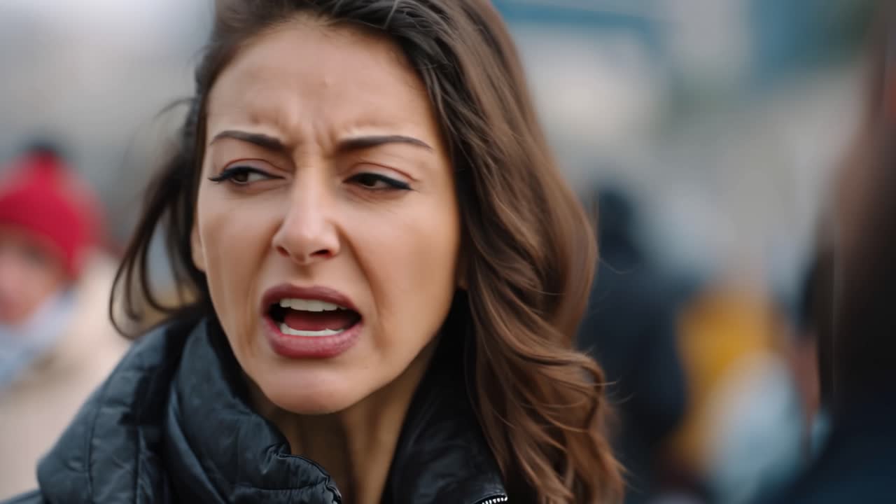 A woman expresses intense emotions through shouting and gesturing during a confrontation, showcasing her frustration and determination in a heated moment