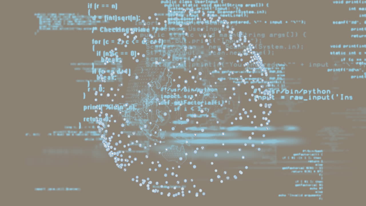 Animation of digital globe with programming code and data points on brown background