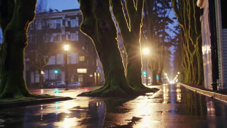 rainy night city street with mossy trees