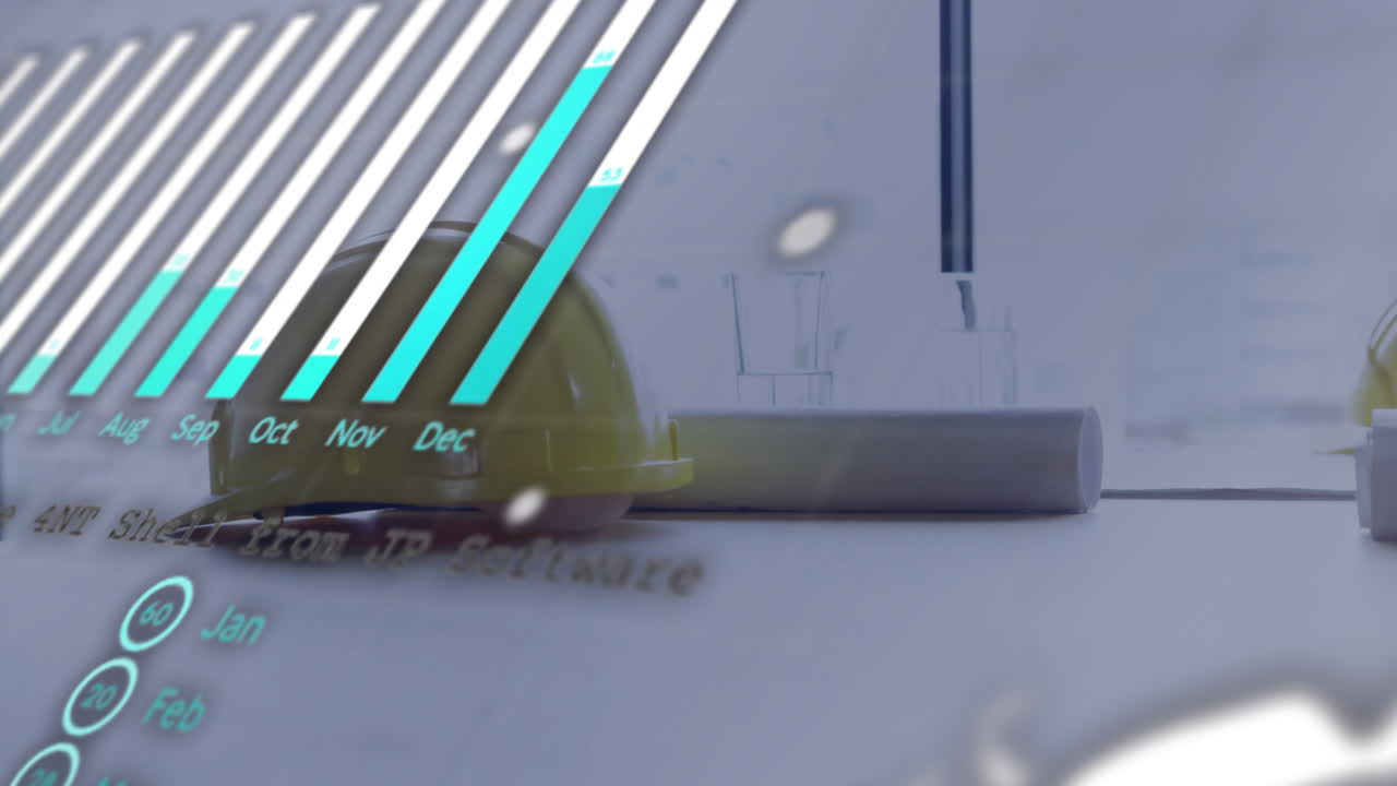 Yellow hard hat resting beside rolled blueprint on desk, showing bar chart overlay in flat design