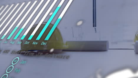 yellow hard hat resting beside rolled blueprint on desk, showing bar chart overlay in flat design