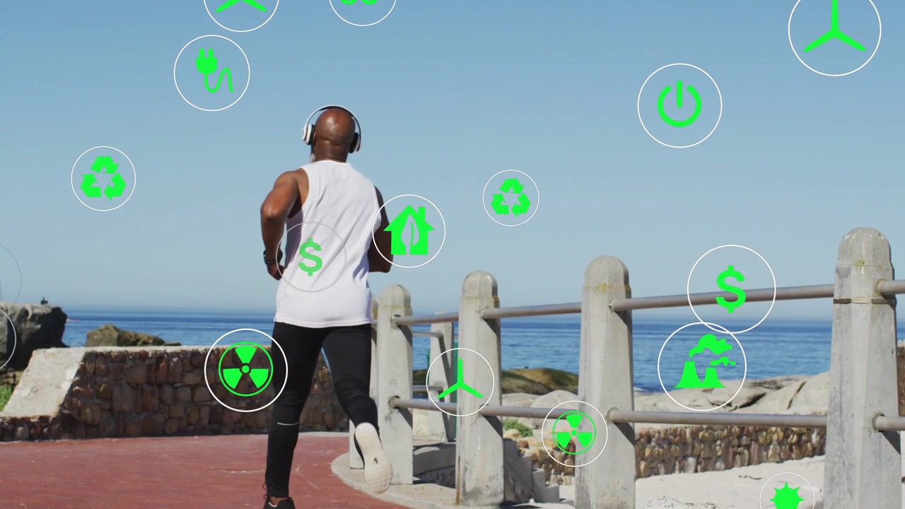 African American Man Running by the Ocean with Environmental Icons
