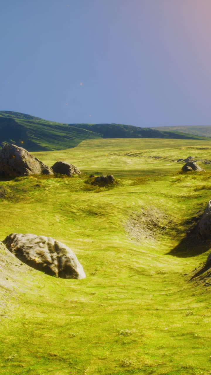 Paesaggio sereno di prateria con particelle luminose