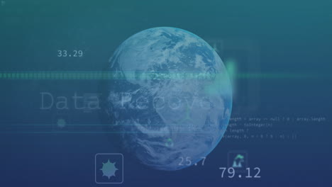 animación de múltiples iconos digitales y procesamiento de datos sobre un globo giratorio contra un fondo azul