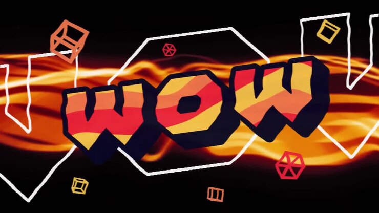 Animazione digitale del testo 'wow' su onde arancioni su sfondo nero
