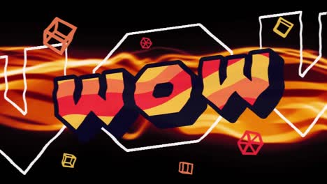 digital animation of wow text against orange waves on black background