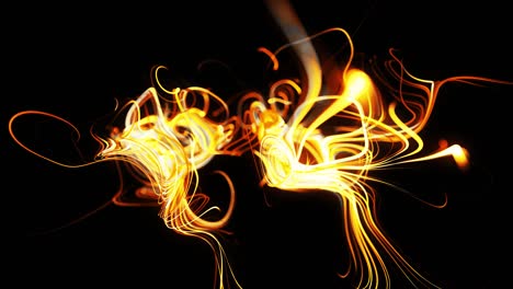 el flujo de partículas forma líneas amarillas rizadas como senderos de luz brillante, las líneas forman un patrón giratorio como ruido de rizado. animación 3d abstracta como fondo festivo creativo brillante. líneas rápidas de luz