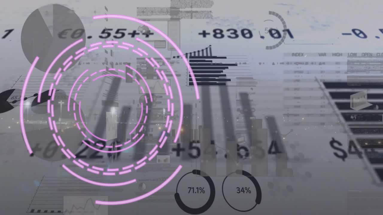 animación del escaneo del alcance, las estadísticas y el procesamiento de datos sobre un fondo gris
