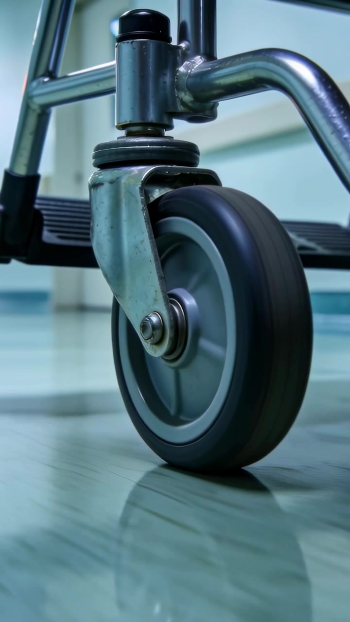 Vertical video: Rolling caster wheel rotating along hospital floor after push to move, axle bolt
