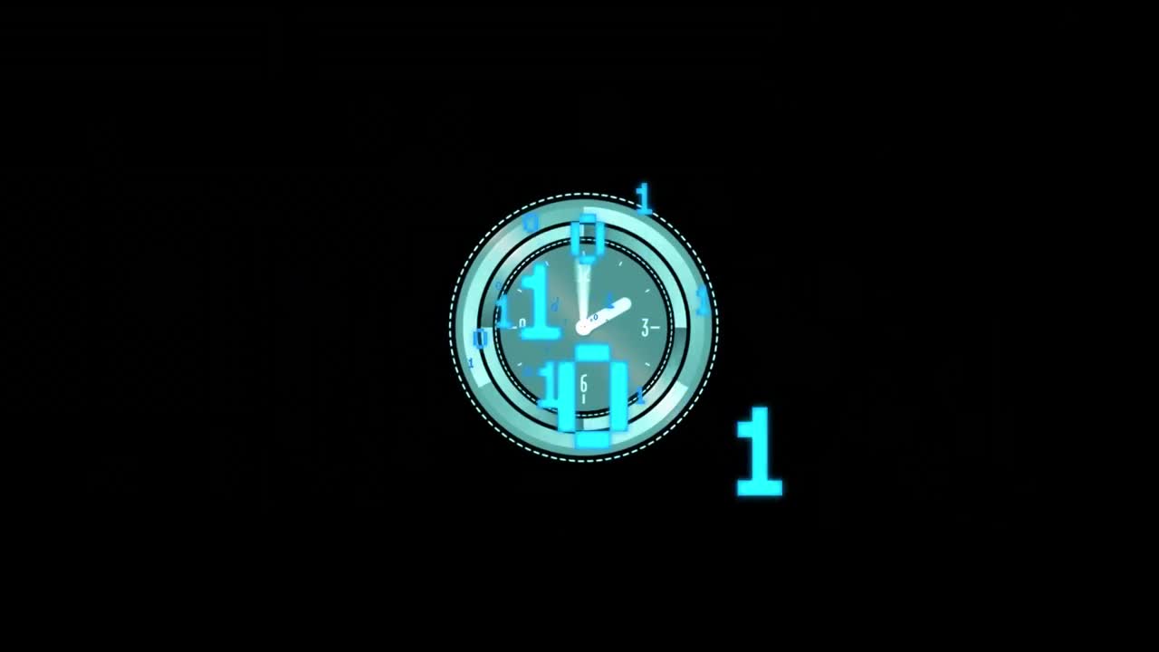Animation of clock ticking, binary coding data processing over dark background
