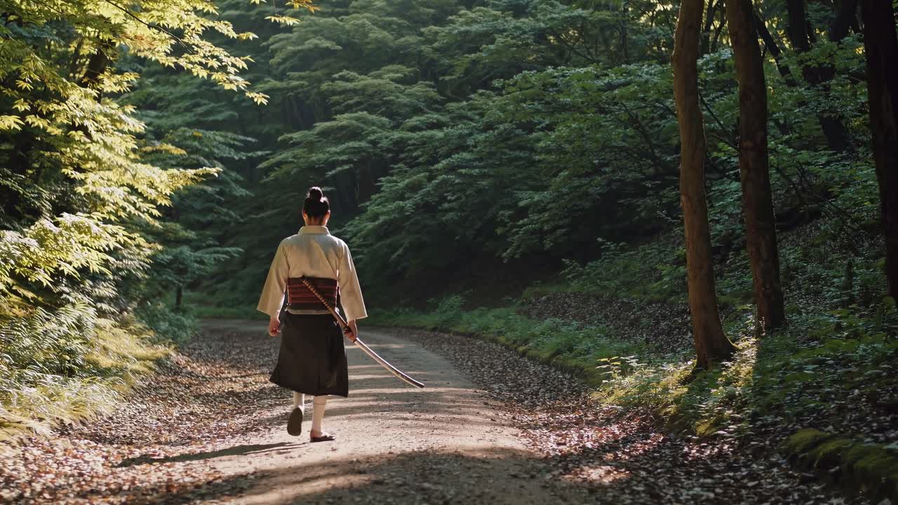 Một samurai đi bộ trên con đường rừng thanh bình, được quay từ góc phía sau
