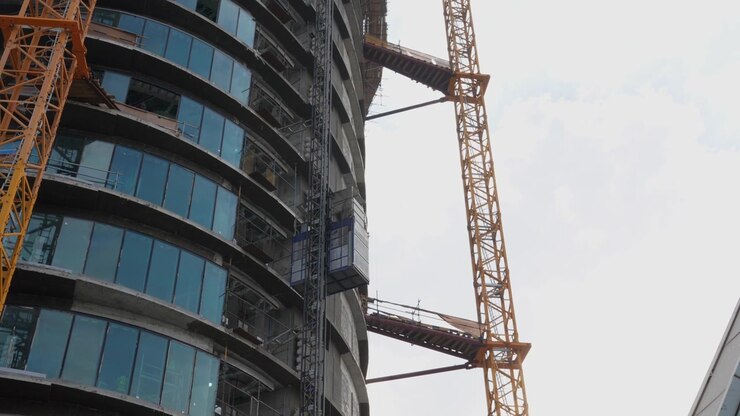 Construction Elevator Moving Up Side of Modern Skyscraper