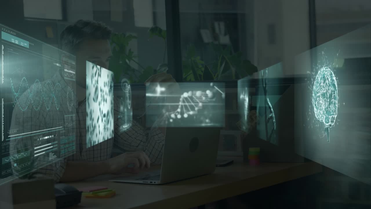 Animation of data processing and dna strand over caucasian businessman