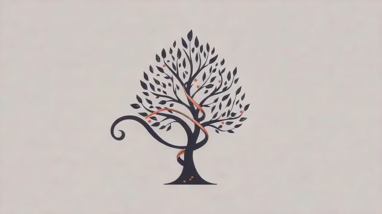 Starting orange ribbon curling from base around dark tree on pale backdrop, adding orange accents