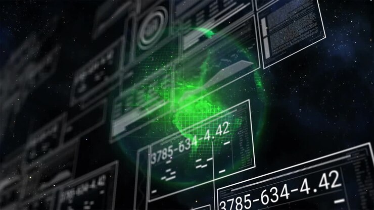 Animazione di dati digitali e numeri che fluttuano sopra un globo verde luminoso nello spazio.