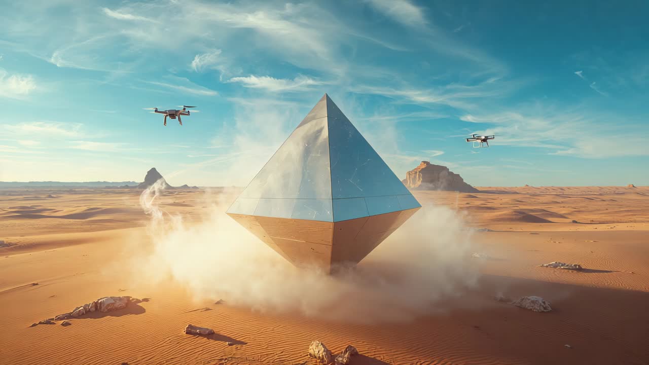 Forcing dust outward, reflective metallic pyramid object sitting on desert plain, drones hovering