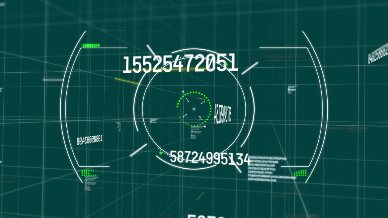 녹색 배경에 변화하는 숫자에 대한 장애 효과와 범위 스캔의 애니메이션