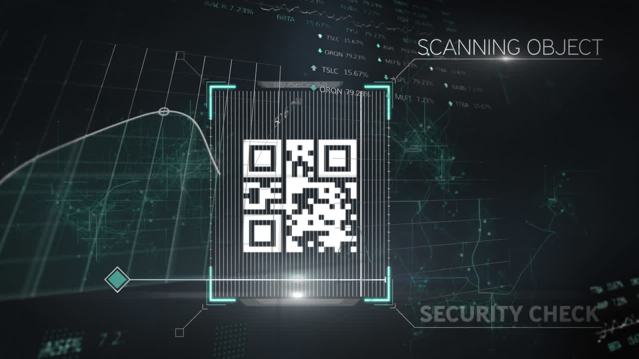 검은 바탕에 굴러가는 통계와 그래프 위의  ⁇ 색 qr 코드 스캔