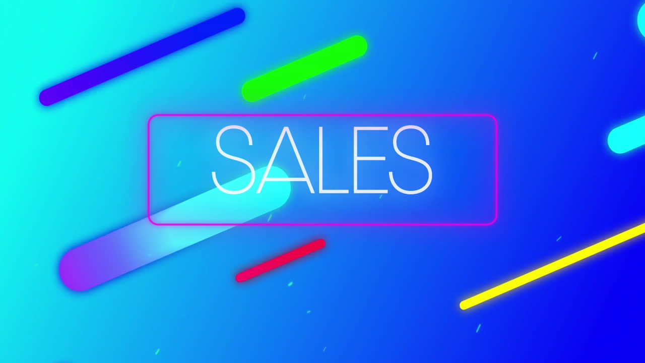 Animation af neon "udsalg"-tekst over neonmønster på blå baggrund