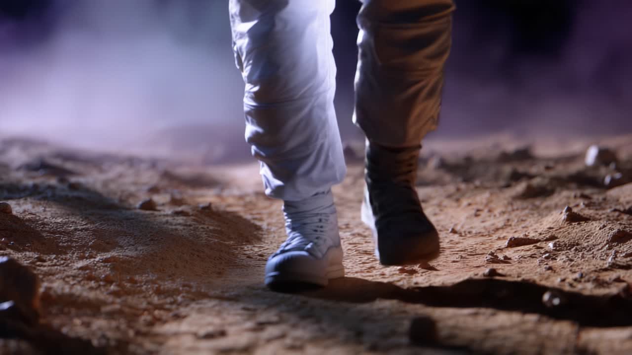 Un astronauta in tuta spaziale cammina sulla superficie lunare, mostrando il terreno aspro e accidentato mentre esplora i misteri dell'universo sotto un cielo alieno.