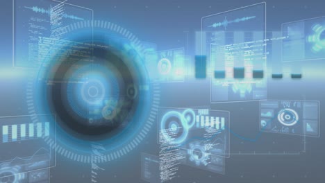 Animation-of-round-scanner-and-data-processing-against-glowing-light-spot-on-blue-background