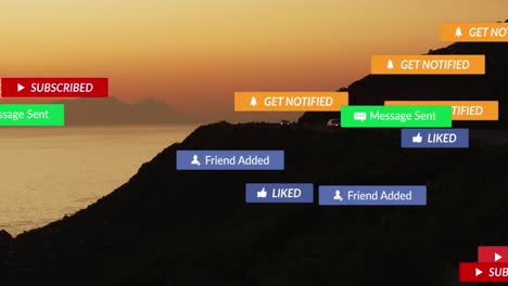 animación de iconos de las redes sociales sobre el atardecer y el paisaje marino