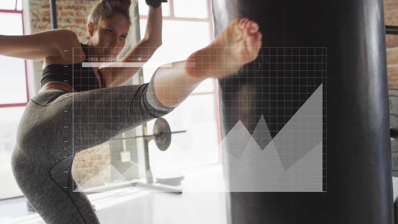 Female boxer in guarded stance throwing strikes and kicking bag for training, overlay over torso