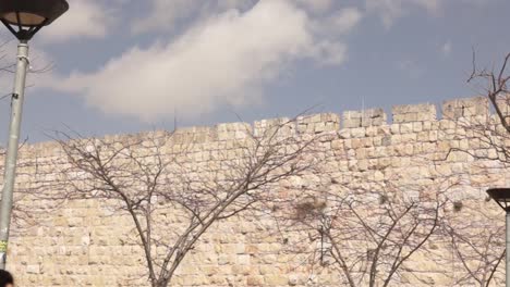 old city wall with bare trees and lamp post