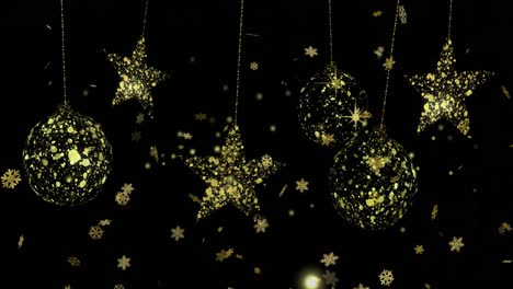 animación de copos de nieve dorados con estrellas y adornos navideños colgando sobre un fondo negro.