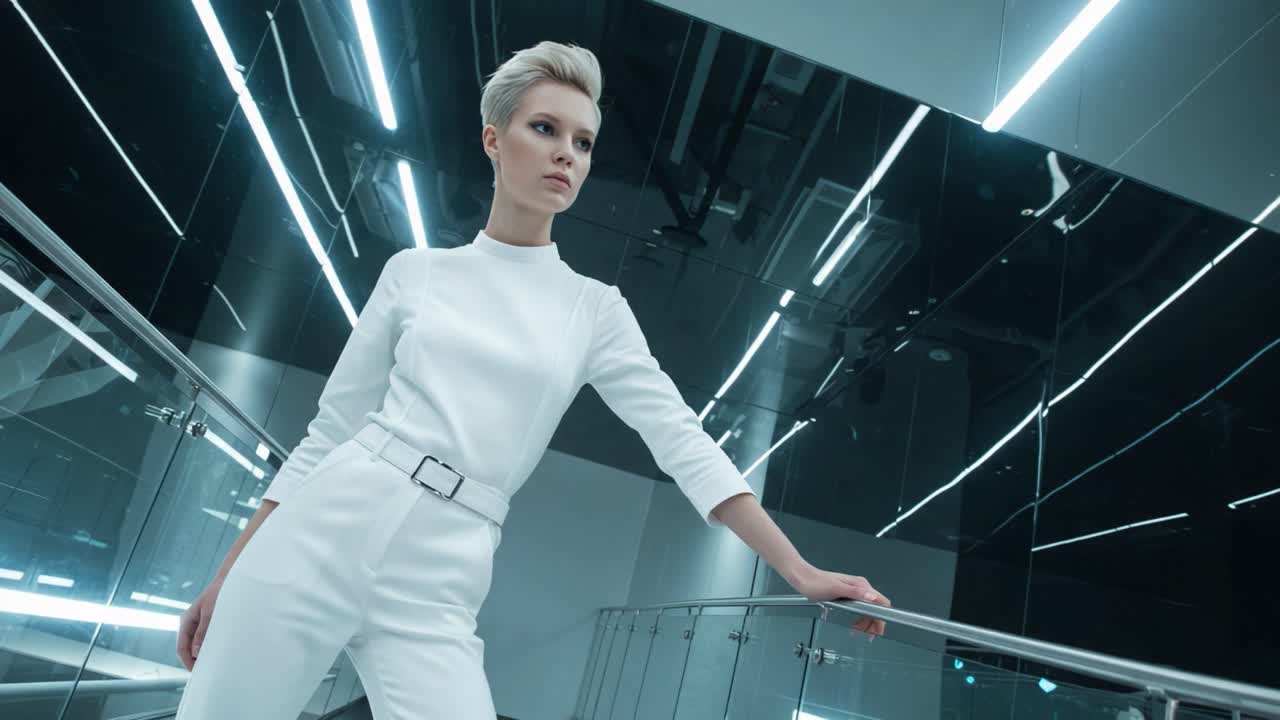 A Confident Model Showcases Modern Fashion in an Industrial Setting with Sleek Lines and Reflective Surfaces, Highlighting the Intersection of Style and Urban Aesthetics