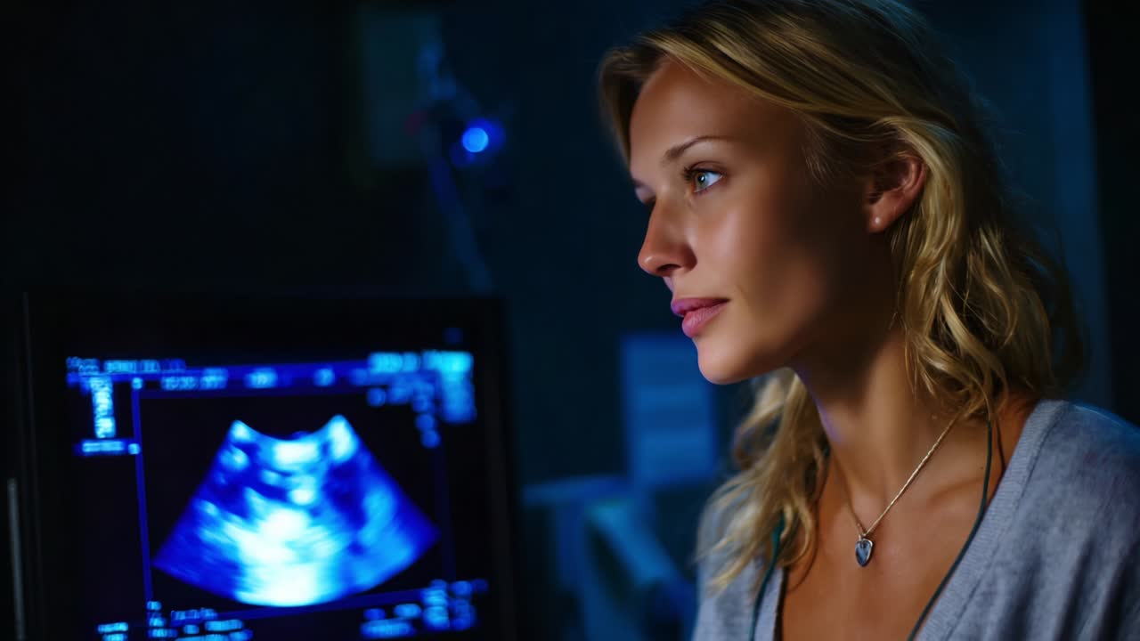 A Moment of Reflection: A Woman Gazes Tenderly at an Ultrasound Screen, Capturing the Emotional Weight of Expectation and Anticipation in a Dimly Lit Room, Representing Hope and New Beginnings
