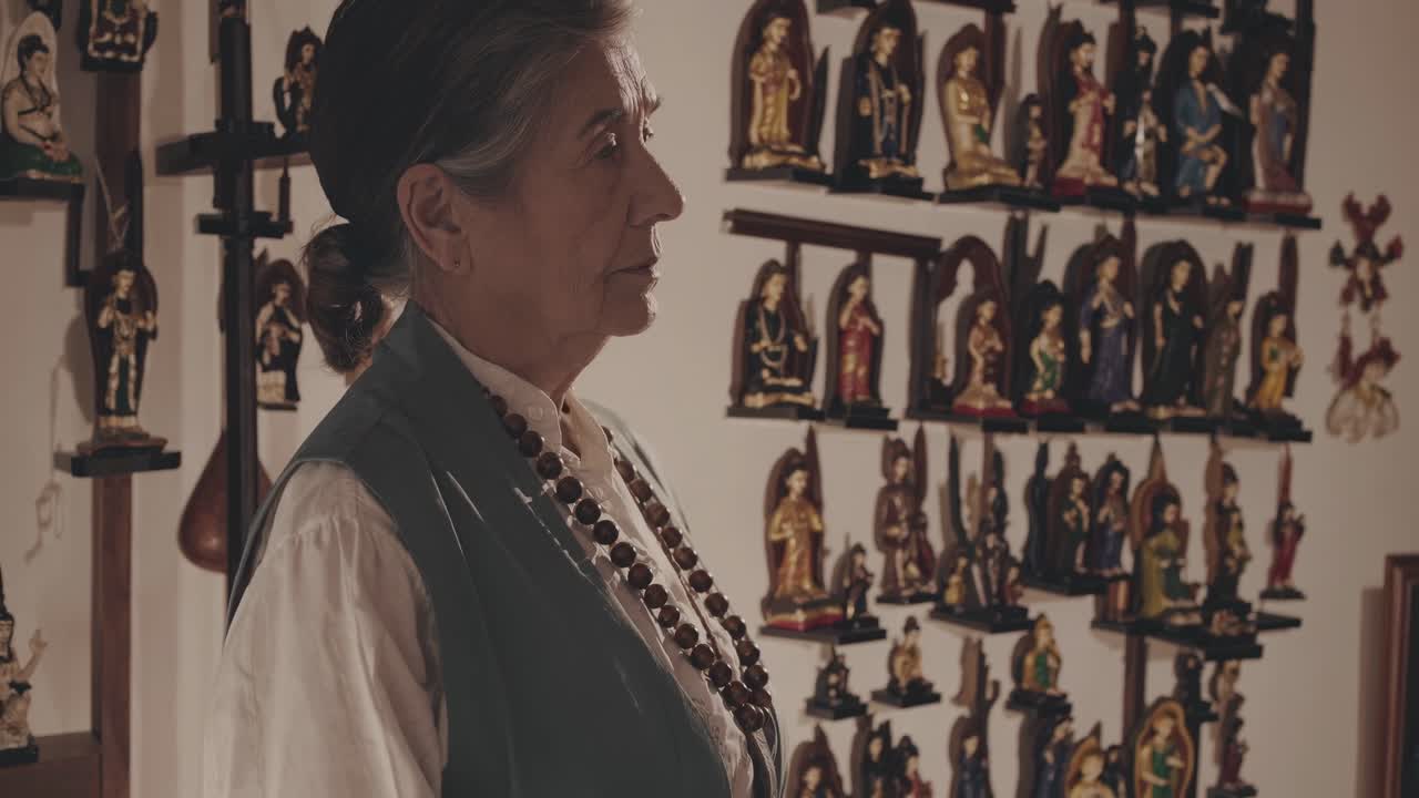 Elderly woman stands thoughtfully in front of a vibrant collection of handcrafted figurines, showcasing intricate details and cultural artistry in a serene environment