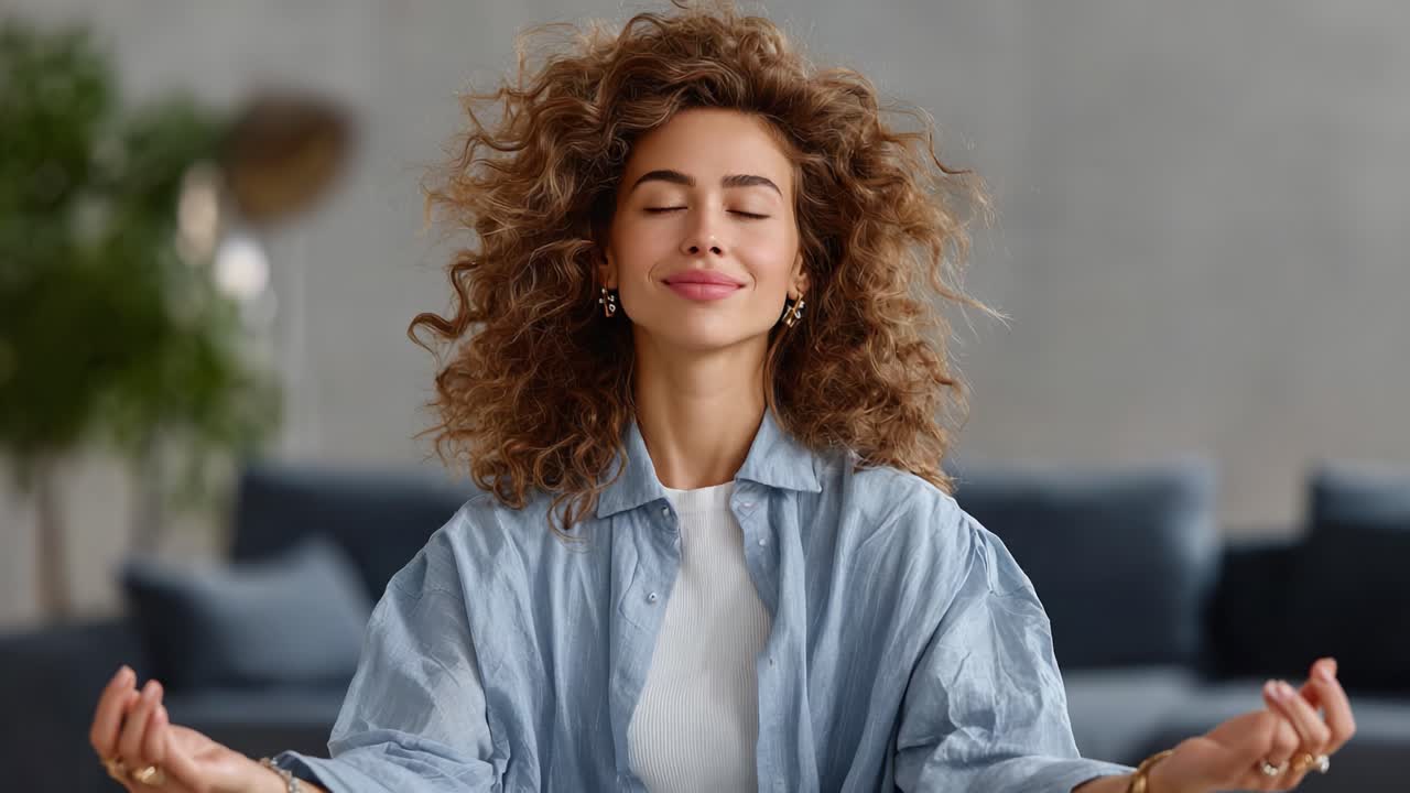 A Serene Moment of Inner Peace: A Woman Relaxing with Curly Hair in a Meditative Pose, Embracing Calmness and Tranquility in a Cozy Indoor Space
