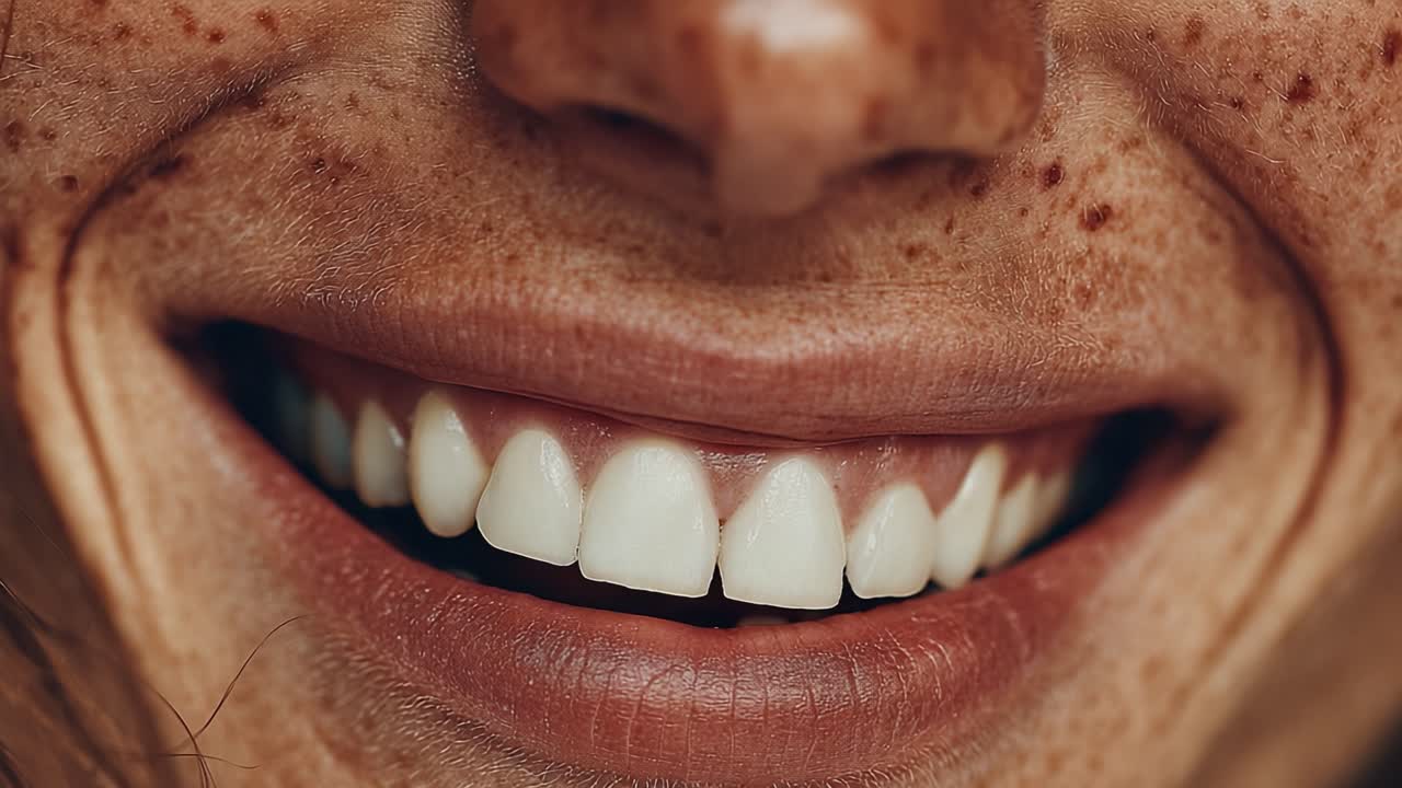 Close-Up of a Radiant Smile Highlighting Bright Teeth and Natural Freckles, Capturing the Essence of Joy and Confidence in a Beautiful Portrait