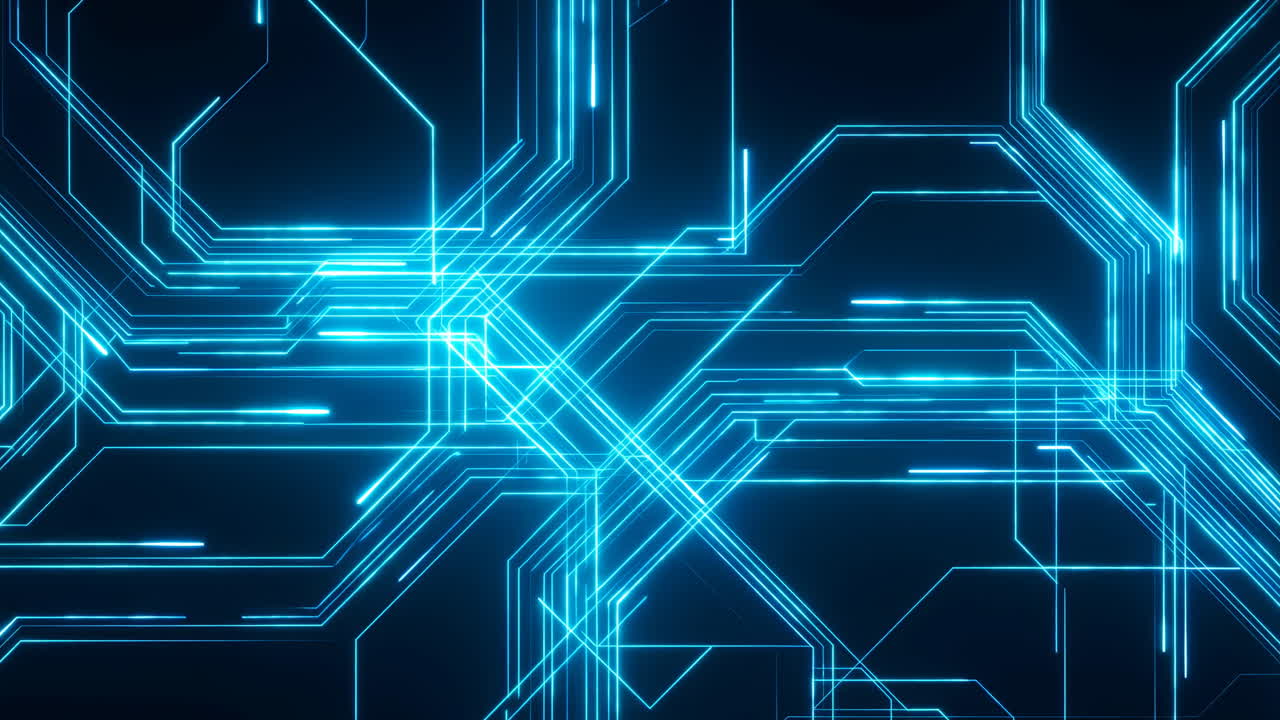Abstract Blue Glowing Lines Moving on a Digital Circuit Board