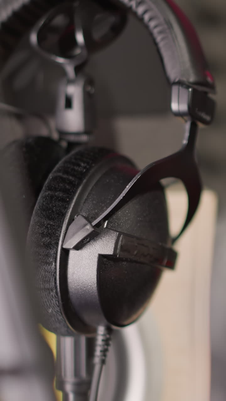 primer plano de un par de auriculares colgados en un soporte de micrófono en un estudio de grabación. el fondo está borroso, incluido un micrófón y otros equipos de estudio
