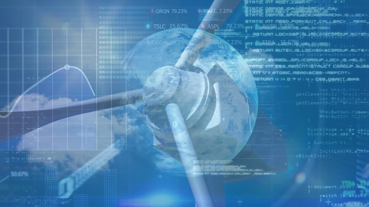 데이터 처리 및 풍력 터빈 위의 지구의 애니메이션