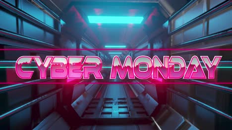 Animation-of-cyber-monday-text-between-lines-over-futuristic-tunnel-in-background